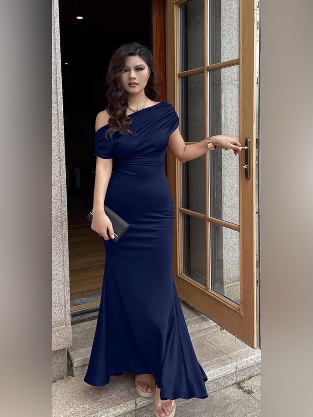 One-Shoulder Navy Evening Gown - Picture 2 of 8